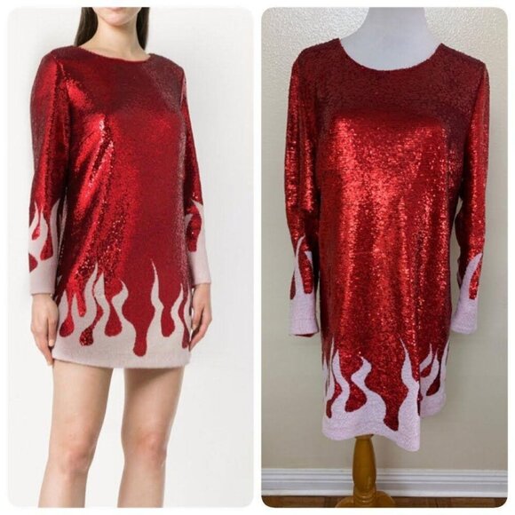 Each Other Paris Womens Fire Sequined Mini Cocktail Dress Size MEDIUM Red White - Picture 1 of 9